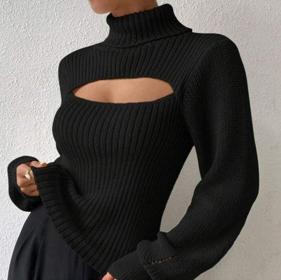 Women's Turtleneck Knit Top With Lantern Style Sequin Sleeves